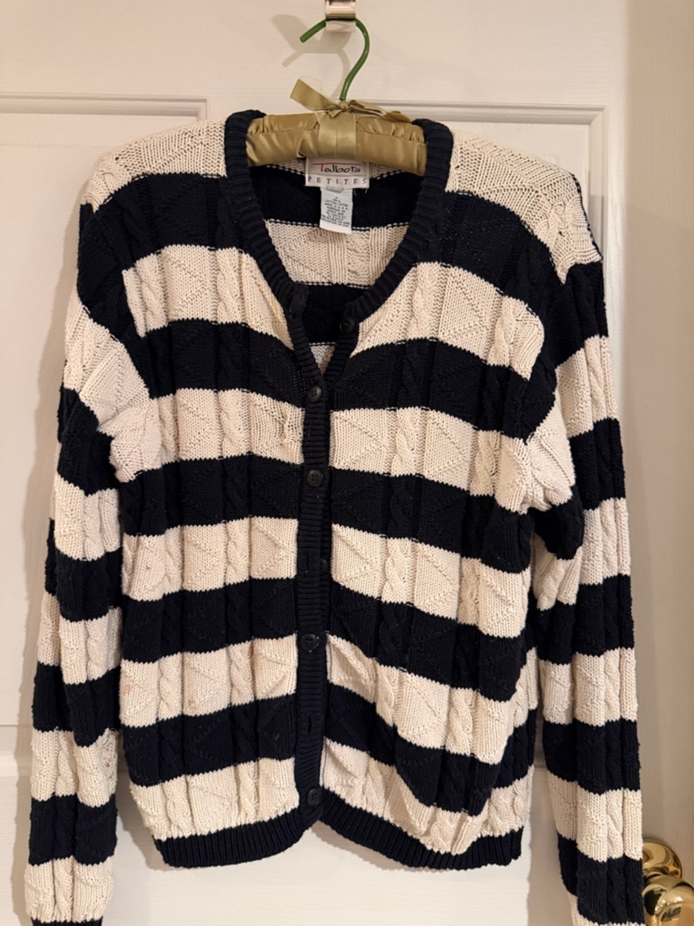 Talbots Striped Cable-Knit Cardigan - Cream & Black Sweater